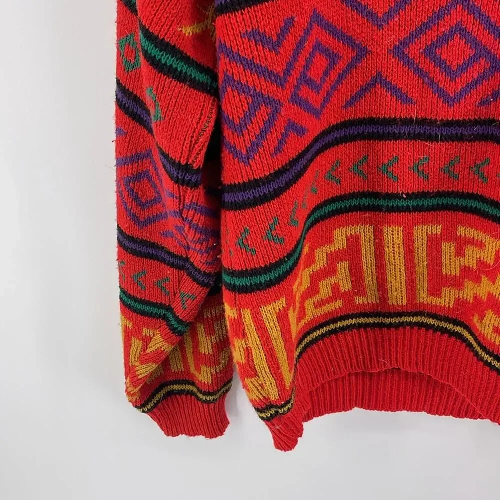 Vintage Le Tigre geometric Aztec Tribal print crewneck pullover grandpa sweater